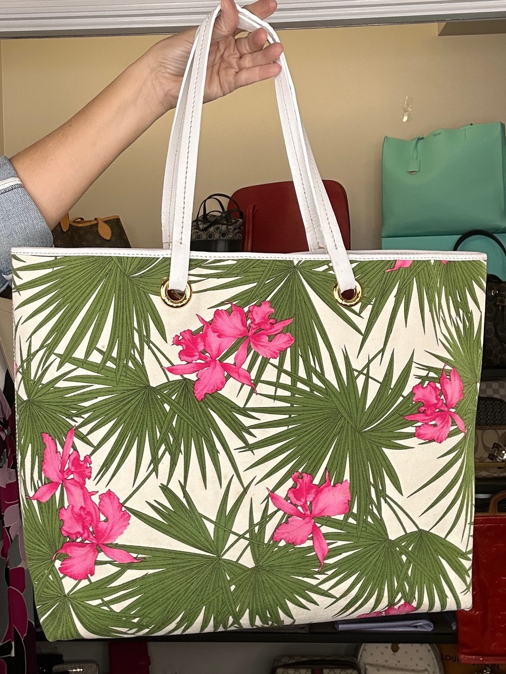 Vintage Celine Tropical Hibiscus Palm Floral Canvas & leather Large Tote w/ COA - Picture 4 of 16